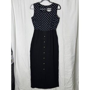 Julian Taylor Vintage Polka Dot Sleeveless Midi Dress Black White Gold Button 8